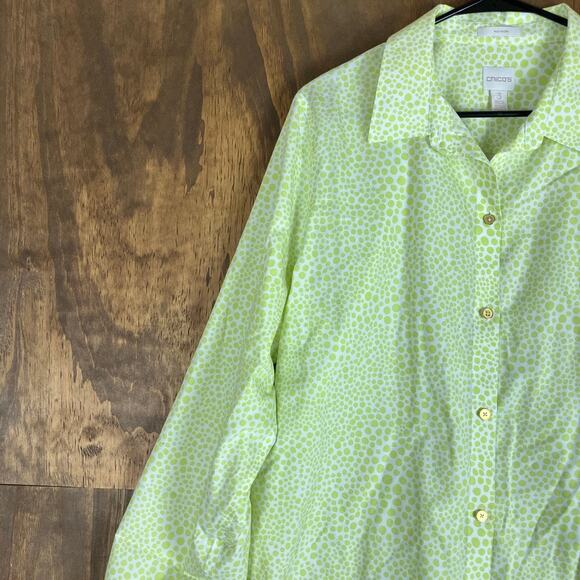 Chicos Womens Blouse White Green Dots Collared Non Iron Button Down 3 (XL) - Picture 4 of 12